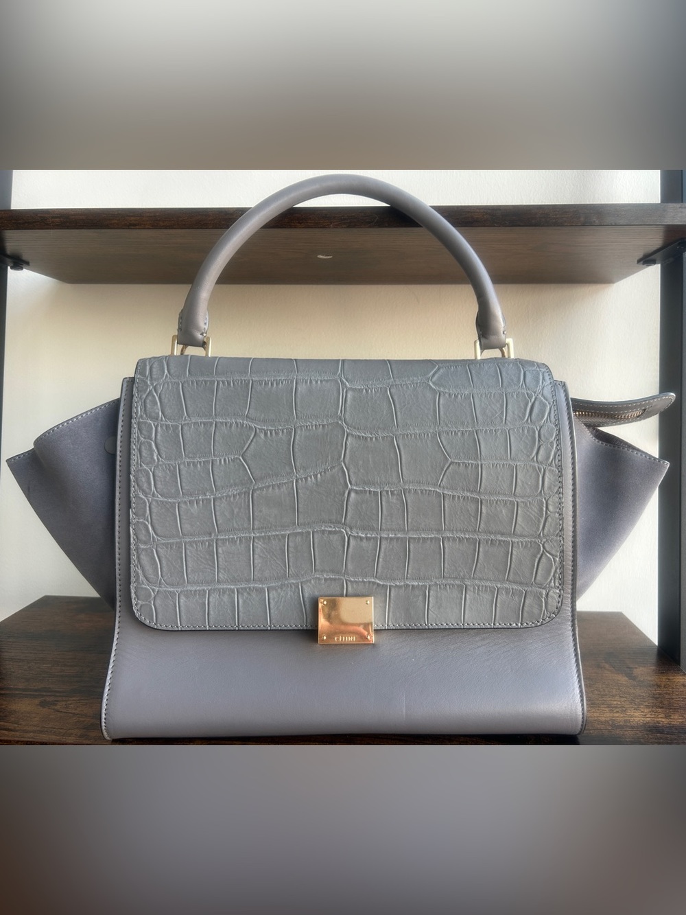 Gray Croc Embossed Trapeze Satchel Luxury Inspired Structured Bag
